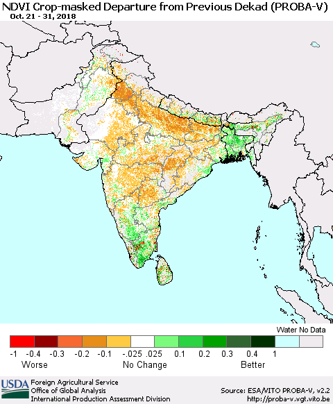 Southern Asia NDVI Crop-masked Departure from Previous Dekad (PROBA-V) Thematic Map For 10/21/2018 - 10/31/2018