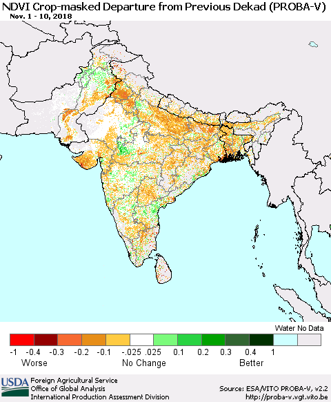Southern Asia NDVI Crop-masked Departure from Previous Dekad (PROBA-V) Thematic Map For 11/1/2018 - 11/10/2018