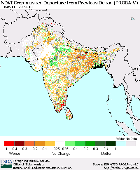Southern Asia NDVI Crop-masked Departure from Previous Dekad (PROBA-V) Thematic Map For 11/11/2018 - 11/20/2018