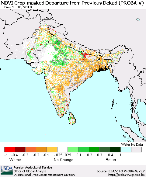 Southern Asia NDVI Crop-masked Departure from Previous Dekad (PROBA-V) Thematic Map For 12/1/2018 - 12/10/2018