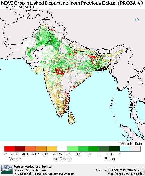Southern Asia NDVI Crop-masked Departure from Previous Dekad (PROBA-V) Thematic Map For 12/11/2018 - 12/20/2018