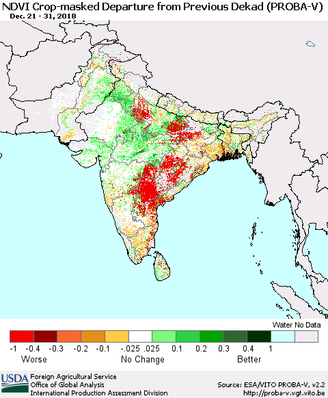 Southern Asia NDVI Crop-masked Departure from Previous Dekad (PROBA-V) Thematic Map For 12/21/2018 - 12/31/2018