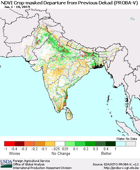 Southern Asia NDVI Crop-masked Departure from Previous Dekad (PROBA-V) Thematic Map For 1/1/2019 - 1/10/2019