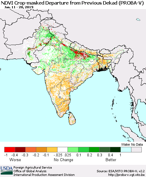 Southern Asia NDVI Crop-masked Departure from Previous Dekad (PROBA-V) Thematic Map For 1/11/2019 - 1/20/2019