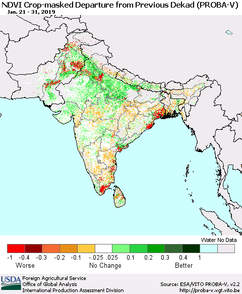 Southern Asia NDVI Crop-masked Departure from Previous Dekad (PROBA-V) Thematic Map For 1/21/2019 - 1/31/2019