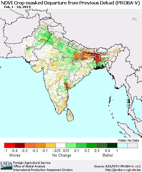 Southern Asia NDVI Crop-masked Departure from Previous Dekad (PROBA-V) Thematic Map For 2/1/2019 - 2/10/2019