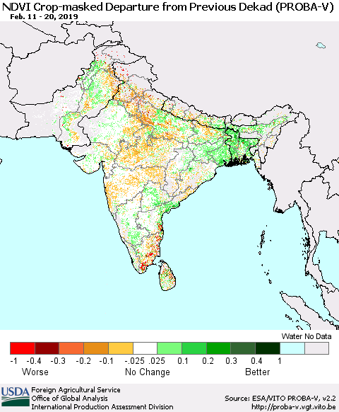 Southern Asia NDVI Crop-masked Departure from Previous Dekad (PROBA-V) Thematic Map For 2/11/2019 - 2/20/2019