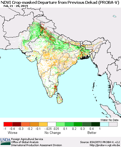 Southern Asia NDVI Crop-masked Departure from Previous Dekad (PROBA-V) Thematic Map For 2/21/2019 - 2/28/2019