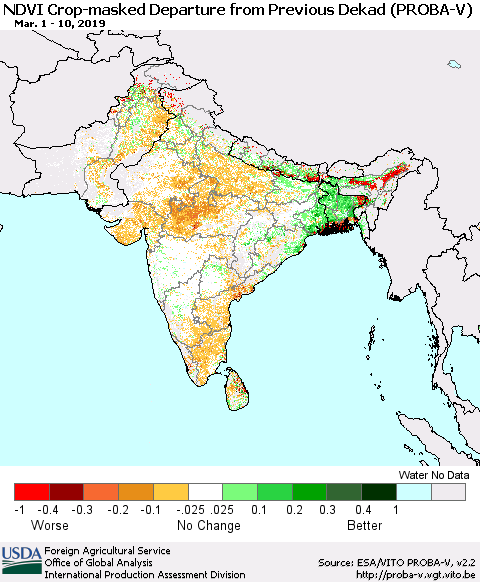 Southern Asia NDVI Crop-masked Departure from Previous Dekad (PROBA-V) Thematic Map For 3/1/2019 - 3/10/2019