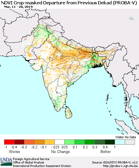 Southern Asia NDVI Crop-masked Departure from Previous Dekad (PROBA-V) Thematic Map For 3/11/2019 - 3/20/2019