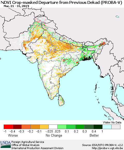 Southern Asia NDVI Crop-masked Departure from Previous Dekad (PROBA-V) Thematic Map For 3/21/2019 - 3/31/2019