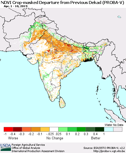 Southern Asia NDVI Crop-masked Departure from Previous Dekad (PROBA-V) Thematic Map For 4/1/2019 - 4/10/2019