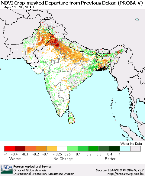 Southern Asia NDVI Crop-masked Departure from Previous Dekad (PROBA-V) Thematic Map For 4/11/2019 - 4/20/2019
