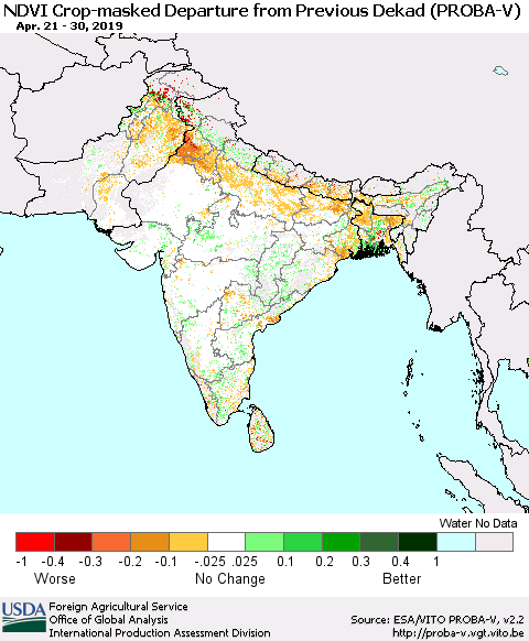Southern Asia NDVI Crop-masked Departure from Previous Dekad (PROBA-V) Thematic Map For 4/21/2019 - 4/30/2019