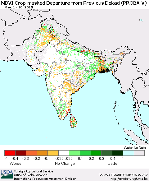 Southern Asia NDVI Crop-masked Departure from Previous Dekad (PROBA-V) Thematic Map For 5/1/2019 - 5/10/2019