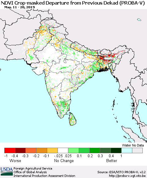 Southern Asia NDVI Crop-masked Departure from Previous Dekad (PROBA-V) Thematic Map For 5/11/2019 - 5/20/2019