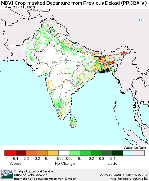 Southern Asia NDVI Crop-masked Departure from Previous Dekad (PROBA-V) Thematic Map For 5/21/2019 - 5/31/2019