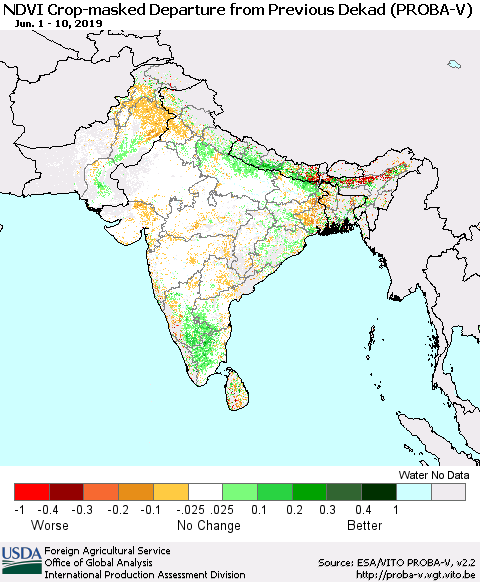 Southern Asia NDVI Crop-masked Departure from Previous Dekad (PROBA-V) Thematic Map For 6/1/2019 - 6/10/2019