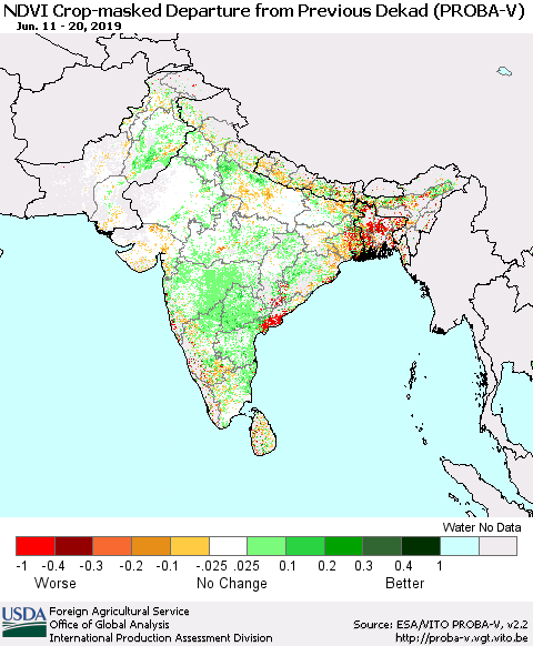 Southern Asia NDVI Crop-masked Departure from Previous Dekad (PROBA-V) Thematic Map For 6/11/2019 - 6/20/2019