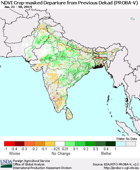 Southern Asia NDVI Crop-masked Departure from Previous Dekad (PROBA-V) Thematic Map For 6/21/2019 - 6/30/2019
