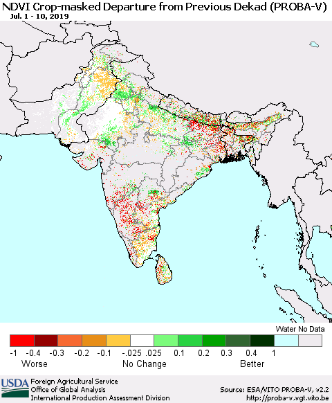 Southern Asia NDVI Crop-masked Departure from Previous Dekad (PROBA-V) Thematic Map For 7/1/2019 - 7/10/2019