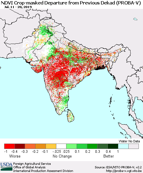 Southern Asia NDVI Crop-masked Departure from Previous Dekad (PROBA-V) Thematic Map For 7/11/2019 - 7/20/2019