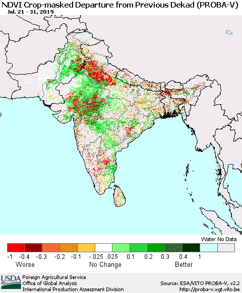 Southern Asia NDVI Crop-masked Departure from Previous Dekad (PROBA-V) Thematic Map For 7/21/2019 - 7/31/2019