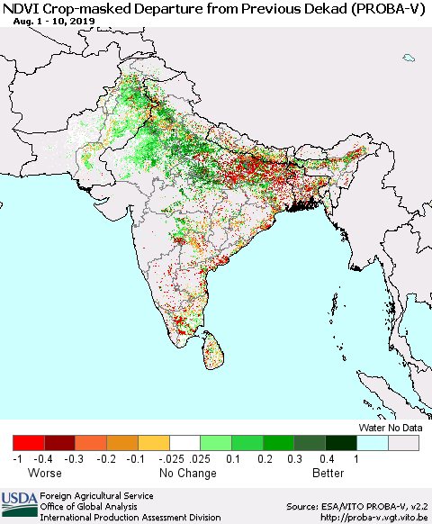 Southern Asia NDVI Crop-masked Departure from Previous Dekad (PROBA-V) Thematic Map For 8/1/2019 - 8/10/2019