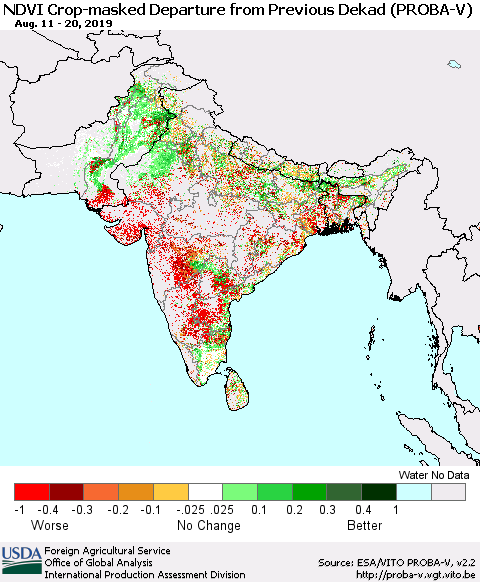 Southern Asia NDVI Crop-masked Departure from Previous Dekad (PROBA-V) Thematic Map For 8/11/2019 - 8/20/2019