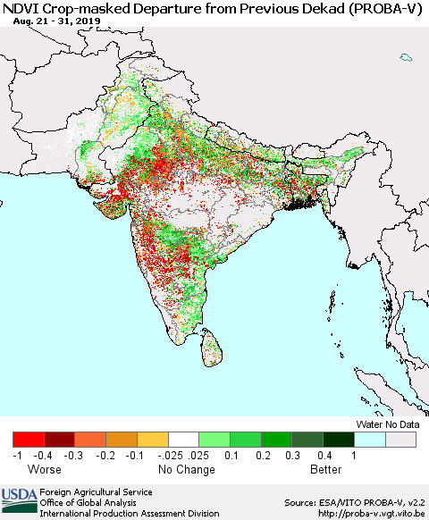 Southern Asia NDVI Crop-masked Departure from Previous Dekad (PROBA-V) Thematic Map For 8/21/2019 - 8/31/2019