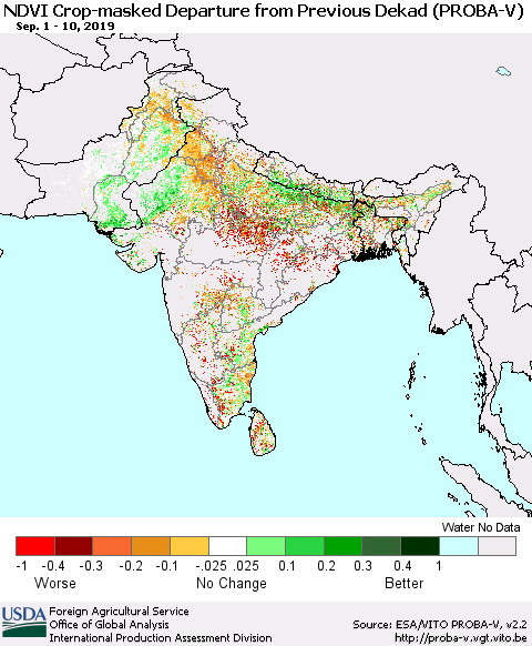 Southern Asia NDVI Crop-masked Departure from Previous Dekad (PROBA-V) Thematic Map For 9/1/2019 - 9/10/2019