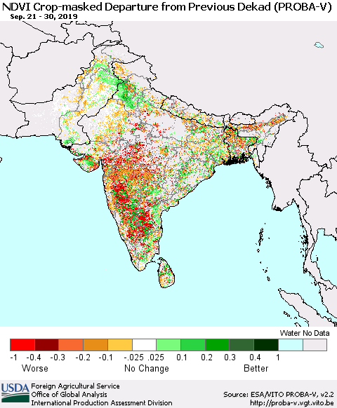 Southern Asia NDVI Crop-masked Departure from Previous Dekad (PROBA-V) Thematic Map For 9/21/2019 - 9/30/2019