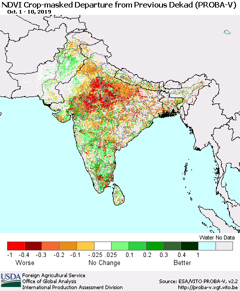 Southern Asia NDVI Crop-masked Departure from Previous Dekad (PROBA-V) Thematic Map For 10/1/2019 - 10/10/2019