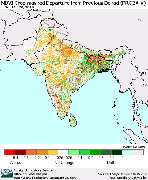 Southern Asia NDVI Crop-masked Departure from Previous Dekad (PROBA-V) Thematic Map For 10/11/2019 - 10/20/2019
