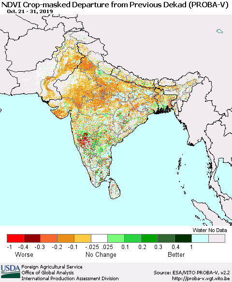 Southern Asia NDVI Crop-masked Departure from Previous Dekad (PROBA-V) Thematic Map For 10/21/2019 - 10/31/2019