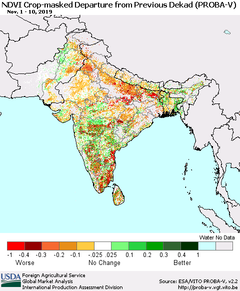 Southern Asia NDVI Crop-masked Departure from Previous Dekad (PROBA-V) Thematic Map For 11/1/2019 - 11/10/2019