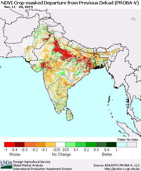 Southern Asia NDVI Crop-masked Departure from Previous Dekad (PROBA-V) Thematic Map For 11/11/2019 - 11/20/2019