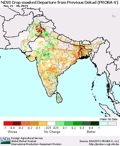 Southern Asia NDVI Crop-masked Departure from Previous Dekad (PROBA-V) Thematic Map For 11/21/2019 - 11/30/2019