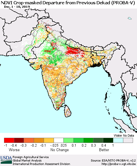 Southern Asia NDVI Crop-masked Departure from Previous Dekad (PROBA-V) Thematic Map For 12/1/2019 - 12/10/2019