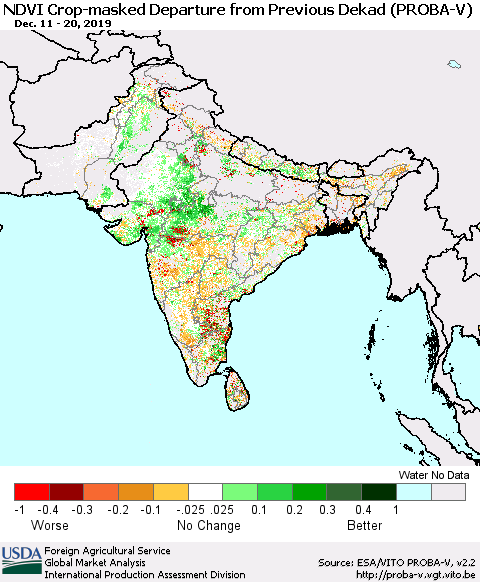 Southern Asia NDVI Crop-masked Departure from Previous Dekad (PROBA-V) Thematic Map For 12/11/2019 - 12/20/2019