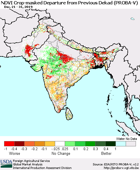 Southern Asia NDVI Crop-masked Departure from Previous Dekad (PROBA-V) Thematic Map For 12/21/2019 - 12/31/2019