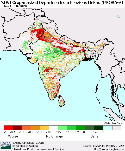 Southern Asia NDVI Crop-masked Departure from Previous Dekad (PROBA-V) Thematic Map For 1/1/2020 - 1/10/2020