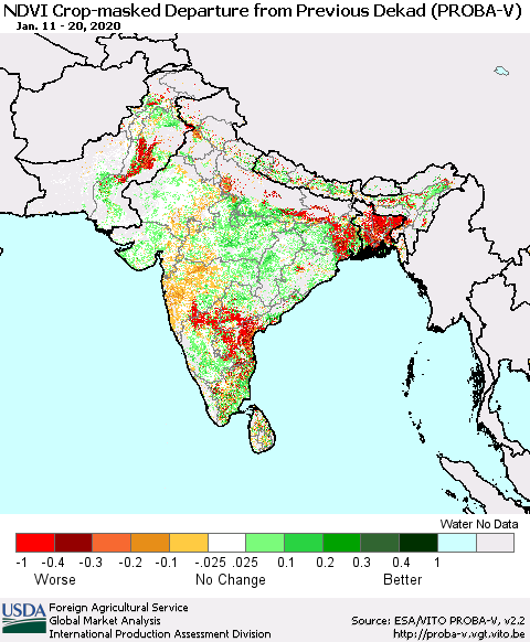 Southern Asia NDVI Crop-masked Departure from Previous Dekad (PROBA-V) Thematic Map For 1/11/2020 - 1/20/2020
