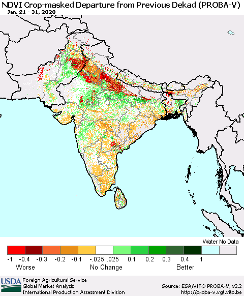 Southern Asia NDVI Crop-masked Departure from Previous Dekad (PROBA-V) Thematic Map For 1/21/2020 - 1/31/2020