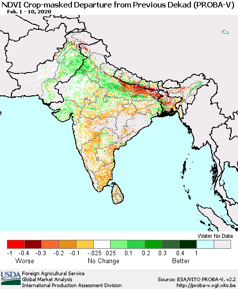 Southern Asia NDVI Crop-masked Departure from Previous Dekad (PROBA-V) Thematic Map For 2/1/2020 - 2/10/2020