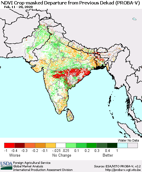 Southern Asia NDVI Crop-masked Departure from Previous Dekad (PROBA-V) Thematic Map For 2/11/2020 - 2/20/2020
