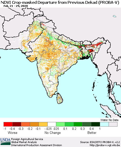 Southern Asia NDVI Crop-masked Departure from Previous Dekad (PROBA-V) Thematic Map For 2/21/2020 - 2/29/2020