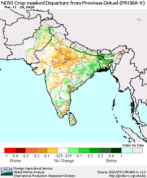 Southern Asia NDVI Crop-masked Departure from Previous Dekad (PROBA-V) Thematic Map For 3/11/2020 - 3/20/2020