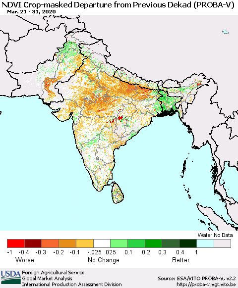 Southern Asia NDVI Crop-masked Departure from Previous Dekad (PROBA-V) Thematic Map For 3/21/2020 - 3/31/2020