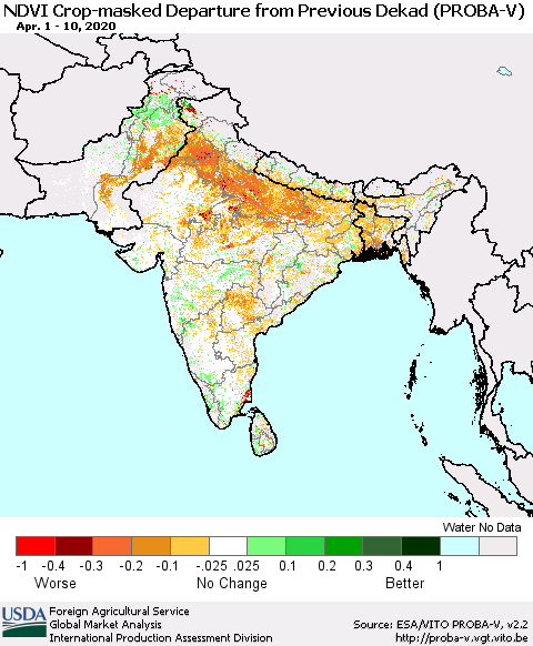 Southern Asia NDVI Crop-masked Departure from Previous Dekad (PROBA-V) Thematic Map For 4/1/2020 - 4/10/2020